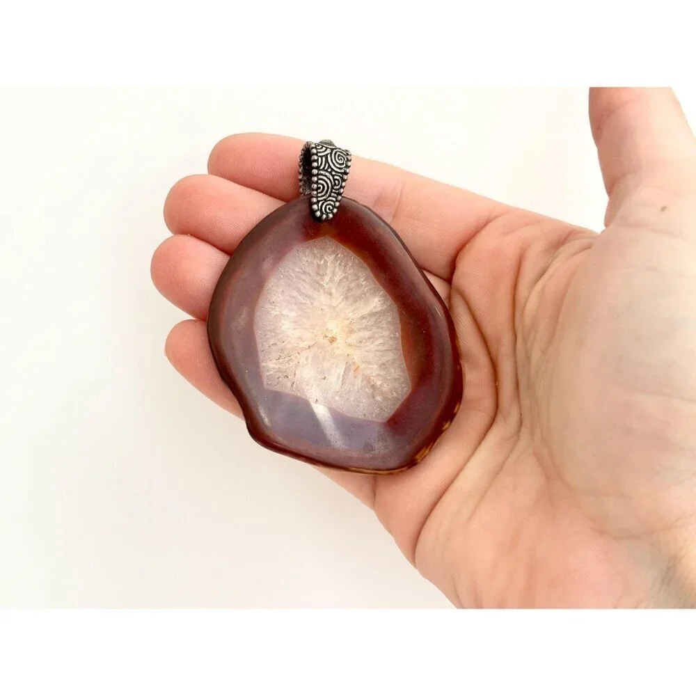 Polished Brown Crystal Free-Form Shaped Large Silver Toned Vintage Pendant